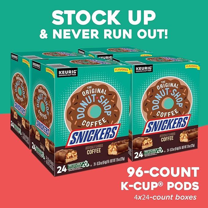 The Original Donut Shop Snickers Coffee, Keurig Single Serve K-Cup Pods, Flavored Coffee, 96 Count (4 Packs of 24)