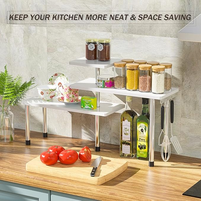 ZHWS Bathroom Counter Organizer Corner Shelf – Bathroom Organization Bamboo 3 Tier Spice Rack Makeup Organizer Bookshelf Space Saving Rack Kitchen Office Living Room (White)