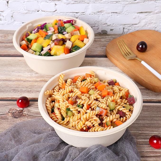 37 oz Disposable salad bowls with lids, Sugarcane Fiber Paper Bowls take away food containers Plant Fibers Freezer Safe 50 Pack