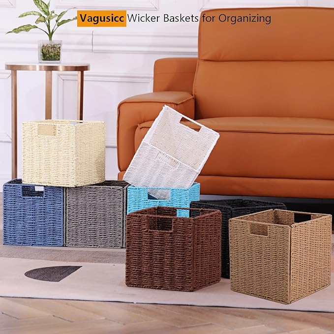 Vagusicc Wicker Storage Basket, Set of 2 Hand-Woven Paper Rope Wicker Baskets, Foldable Cube Storage Bins, Beige Storage Basket, Square Baskets for Organizing Shelves & Decor, Beige(13″×13″×13″)