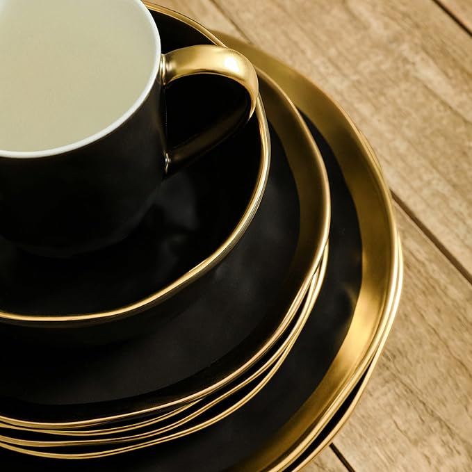 Stone Lain Florian Modern Porcelain 16 Piece Dinnerware Set, Plates and Bowls Set, Dish set for 4, Black And Golden Rim