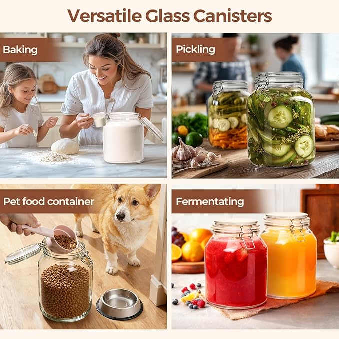 ComSaf Glass Jars with Airtight Lid 86 oz, Wide Mouth Mason Jars, Canning Jars, Large Glass Storage Containers with Lids, Flour Sugar Storage Containers, Large Canister for Rice, Pickle, Set of 2