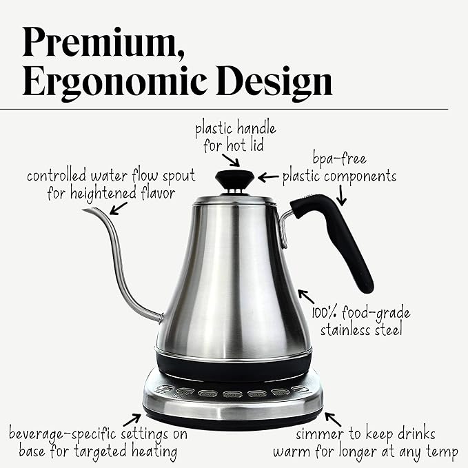 Gooseneck Electric Kettle with Temperature Control - 0.8L Stainless Steel & BPA Free Plastic - Custom Temp Presets for Teas & Coffee - Keep Warm Option