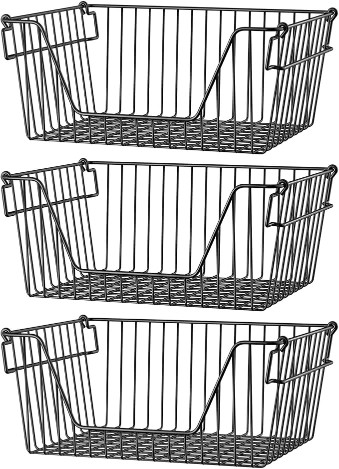 SANNO Black Stackable Wire Baskets Stacking Bins Stackable Basket for Vegetable Storage Pantry, Fridge, and Bathroom Organization,3pack
