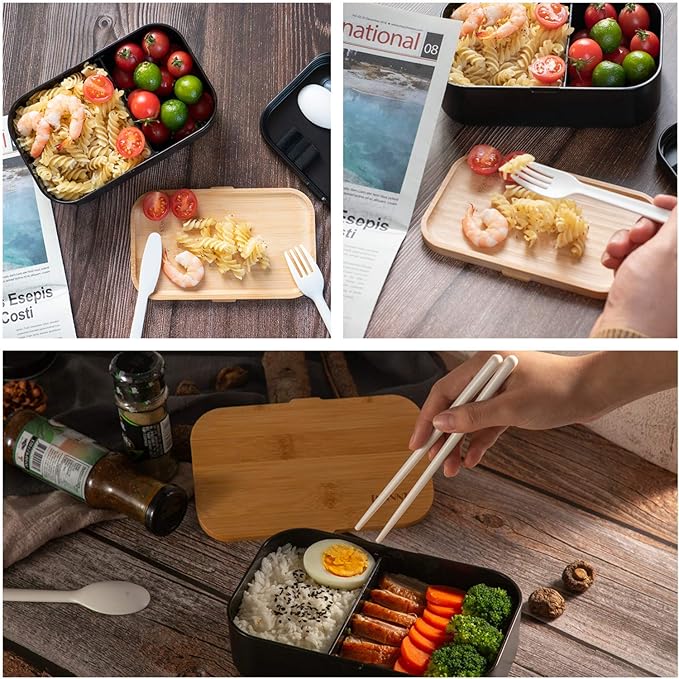 Bento Box Lunch Box Containers for Adults - Natural Bamboo Lid, Cutlery & Chopsticks, Lunch Box for Women, Microwave Safe, Dishwasher Safe, Bpa Free, Leakproof, Men