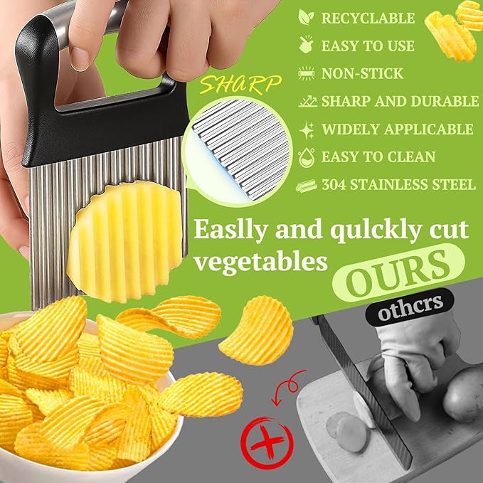 FANTEXY Crinkle Cutter for Veggies, Stainless Steel French Fry Cutter for Potatoes, Cucumbers, Carrots - Wavy Chopper, Waffle Fry Maker
