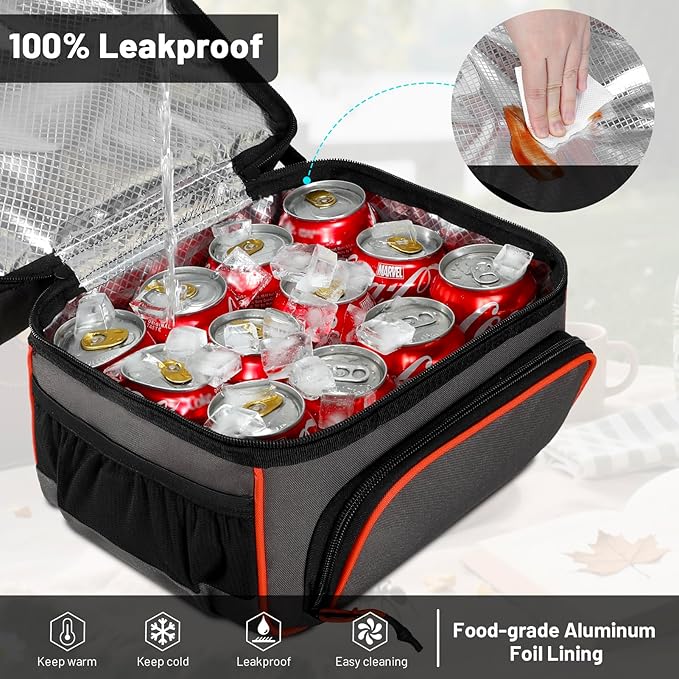 MIER 2 Compartment Lunch Bag Tote with Shoulder Strap for Men and Women Insulated Leakproof Cooler Bag, Grey/Orange