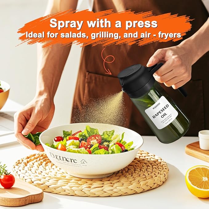 2 in 1 Glass Oil Sprayer & Dispenser,16oz/470ml Olive Cooking, Air Fryer, and Salad, for Kitchen Gadgets and Air Fryer Accessories, w/Stickers (White + Dark Green Bottle1)