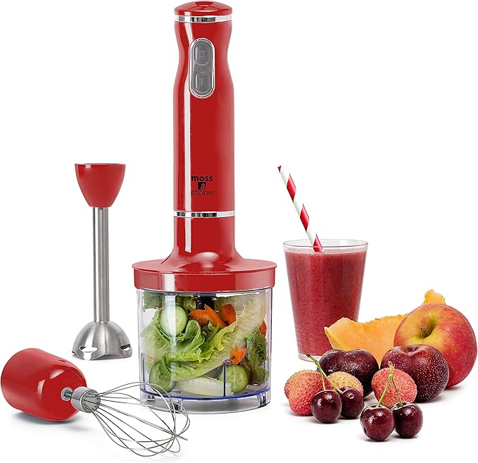 Moss & Stone Hand Blender Electric With Egg Whisk & Chopper, Powerful 300 Watt Immersion Hand Blender Set, Mixer Set Stainless Steel Shaft & Blades, Red Handheld Mixer With Ergonomic Grip