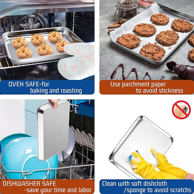 P&P CHEF 10.5 Inch Baking Cookie Sheet, Oven Pan Tray Stainless Steel Sheet Pan for Kitchen, Oven Bakeware for Multi Uses, Shiny Look & Dishwasher Safe, Healthy & Heavy Duty, 2Pcs