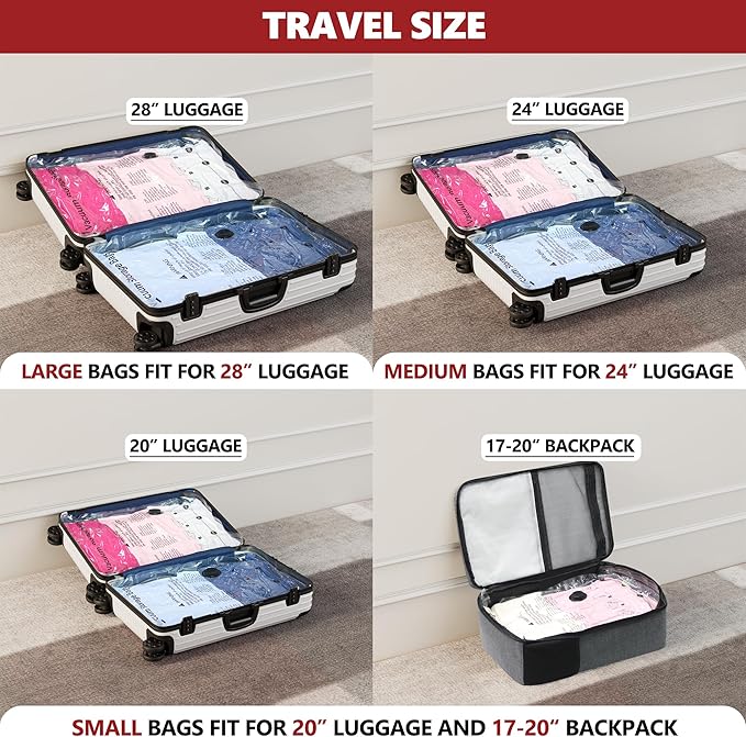 SUOCO Travel Vacuum Bags for Luggage with Portable Electric Pump, 12 Combo (4L/4M/4S) Packing Seal Bags for Clothing Suitcase Backpack, Space Saver Compression Clothes Storage Bags