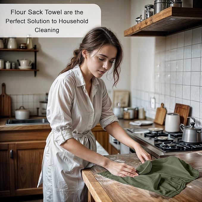 ZOYER Flour Sack Towels 28" x 28", 12 Pack - 100% Cotton Dish Towel - Machine Washable TeaTowels, Ultra Absorbent BarTowels, Dish Cloth Perfect for Drying Dishes & Cleaning - Olive