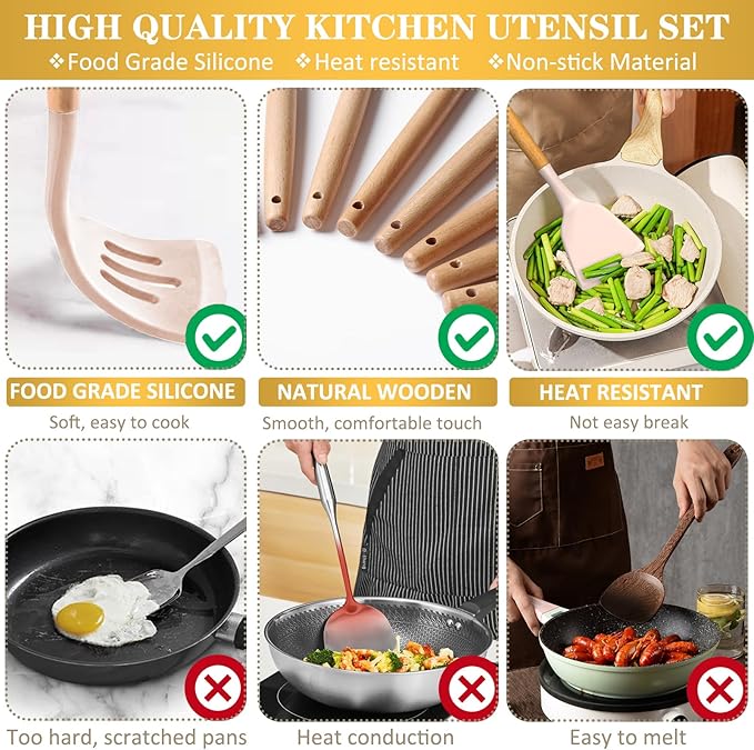 Silicone Cooking Utensils Set, 43Pcs Non-Stick Heat Resistant Kitchen Utensils Spatula Set with Wooden Handle for Baking, Cooking, and Mixing, Best Kitchen Gadgets Tools with Holder (Khaki)