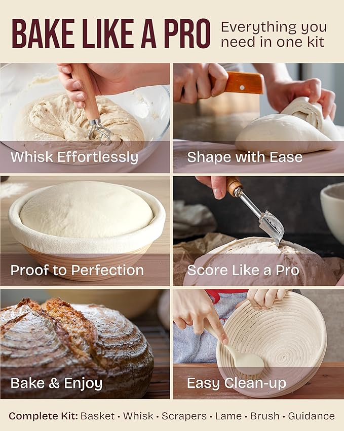 Superbaking Banneton Bread Proofing Basket, Sourdough Bread Baking Supplies, Round 9 Inch Sourdough Starter Kit, Proofing Basket for Baking, Bread Making Supplies Tools, Banneton Basket Gift Set