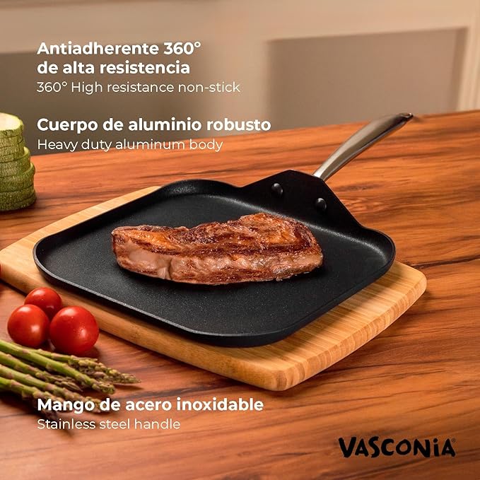 Vasconia Urban 11" Square Nonstick Griddle Pan - Home and Commercial Kitchen Cookware, Dishwasher and Oven Safe Up to 475°F - Made in Mexico Aluminum Griddle Pan for Stove Top with Fast-Cooling Handle