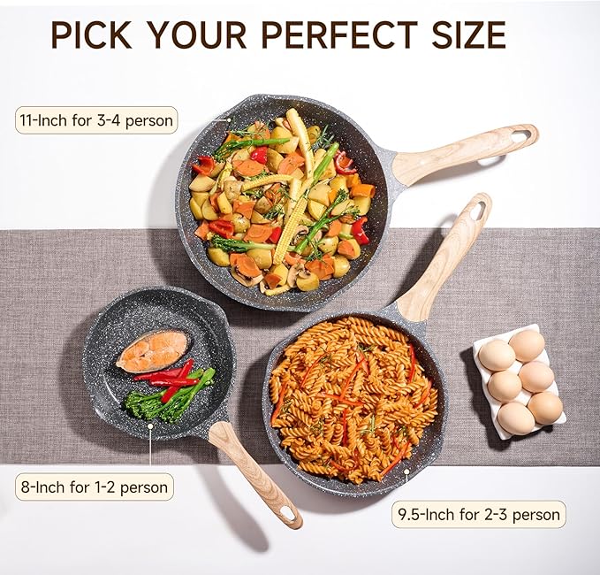 JEETEE Nonstick Frying Pans Set, Skillets Set 2 Pcs, 8" 10" Granite Non-Stick Frying pan, Nonstick Omelette Skillet with Soft Touch Handle, Grey
