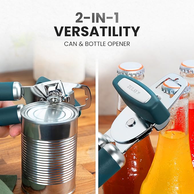 Zulay Kitchen Heavy Duty Stainless Steel Can Opener Manual with Bottle Opener - Rust Proof Manual Can Opener With Turn Knob & Soft Grip Handles