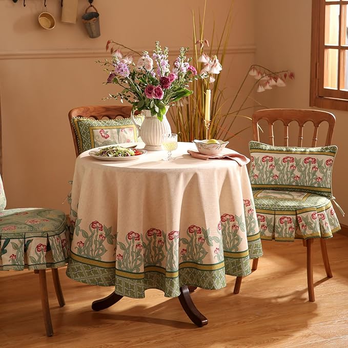 patdrea Designer Green Tablecloth for Round Table,Vintage Linen Leaves Pattern Table Cloth,Floral Cover Fall Decor for Kitchen Dining Christmas,Thanksgiving,Diameter 67"-Cecilia D