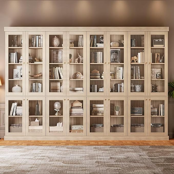 70.8" Bookshelf with Glass Doors, Farmhouse Modular Bookcase with 6-Tier Adjustable Shelves, Large Storage Cabinet for Living Room & Home Office, Set of 4, Brown