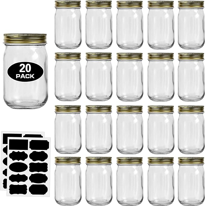 12oz Glass Jars With Lids Regular Mouth 20 Pack -Mason Jars 12 oz For Crafts, Meal Prep, Canning Jars For Food Storage Frascos De Vidrio Con Tapa Para Conservas-with 20 Chalkboard Stickers-Gold Lid