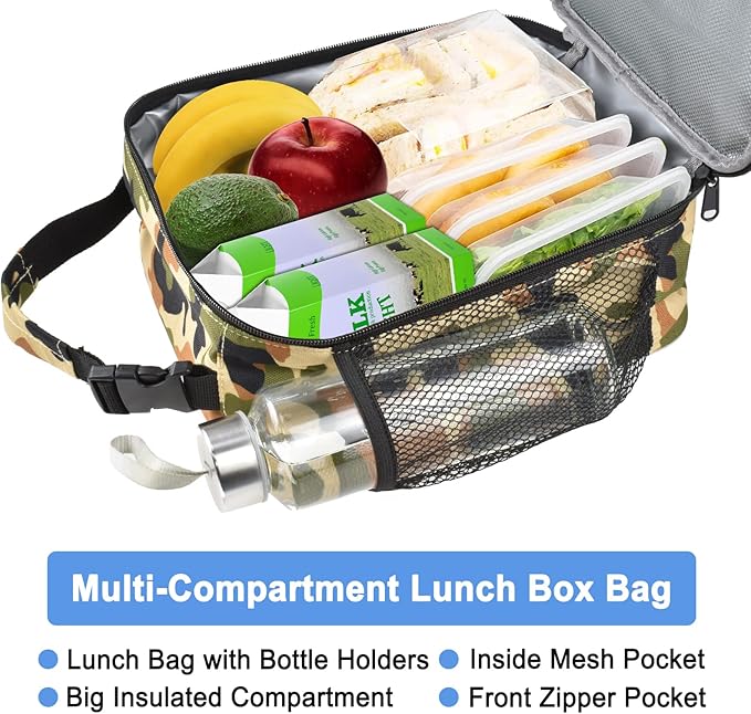 Insulated Lunch Bag, Leakproof Portable Lunch Box for Women Men Boys Girls, Large Capacity Cooler Bag for Office School Camping Hiking Outdoor Beach Picnic (Camo Brown)