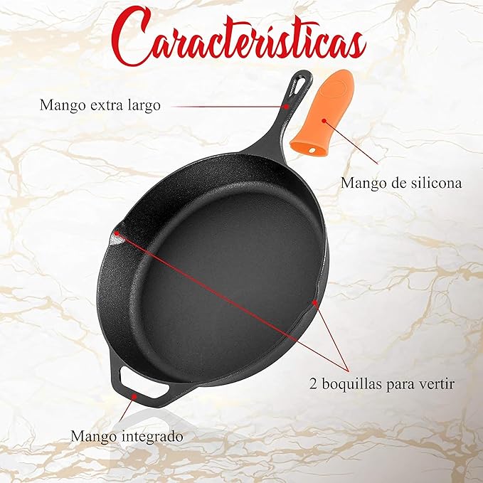 NutriChef 10" & 12" Pre-Seasoned Cast Iron Pans - Durable Nonstick Skillets, Cool-Touch Silicone Handle, For Oven, Grill & All Stovetops