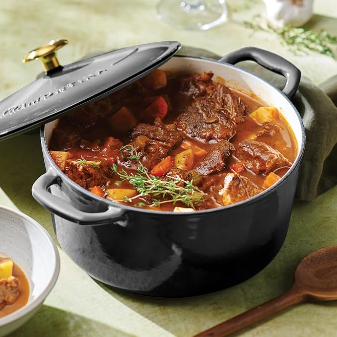 Tramontina Bestow Enameled Cast Iron Dutch Oven Pot with Lid, Round 5.5-quart, Smoke (Gold Knob)