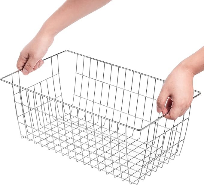 Freezer Wire Storage Baskets,Farmhouse Organizer Storage Bins Large Organizer Bins for Laundry Room, Closets, Garage, Office, Bathroom, Pantry Organization Storage Bins -Set of 2 (Chrome)