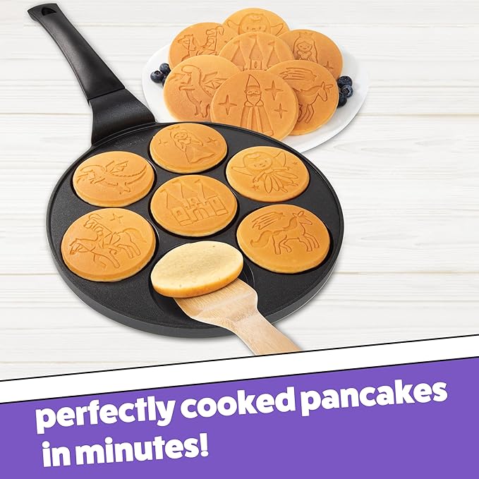 CucinaPro Fantasy Friends Mini Pancake Pan - Nonstick Griddle for Breakfast Magic, Featuring a Princess Castle & More, 7 Unique Flapjacks