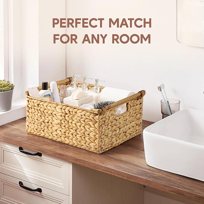 Greenatural Water Hyacinth Storage Baskets Set of 3, Handwoven Rectangular Organizer with Wooden Handles, 3 Different Sizes, Nested Wicker Bins for Shelf, Bathroom, Kitchen, Office, Natural Home Decor