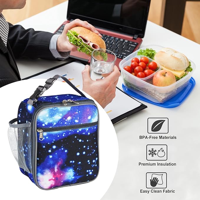 Insulated Lunch Bag, Leakproof Portable Lunch Box for Women Men Boys Girls, Large Capacity Cooler Bag with Handle and Bottle Pocket for Office School Camping Hiking Outdoor Beach Picnic (Stars)
