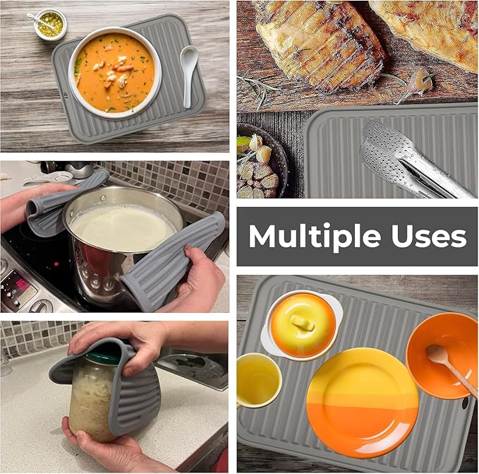 Silicone Trivets for Hot Dishes, Pots, Pans (4 Pack) - Heat-Resistant Pot Holders for Kitchen Countertop Mats - Silicone Trivet Mat (9 x 12 Inch) - Multipurpose Counter Pads (Grey)