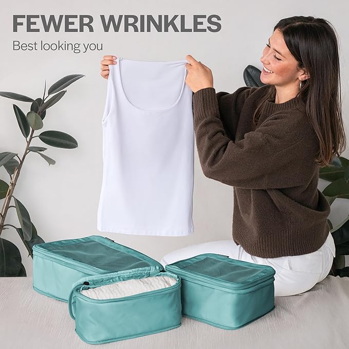 Aerotrunk Compression Packing Cubes for Travel - Luggage Organizer Bags - Double Zipper Packing Cubes for Suitcases (6-Pack, Teal)