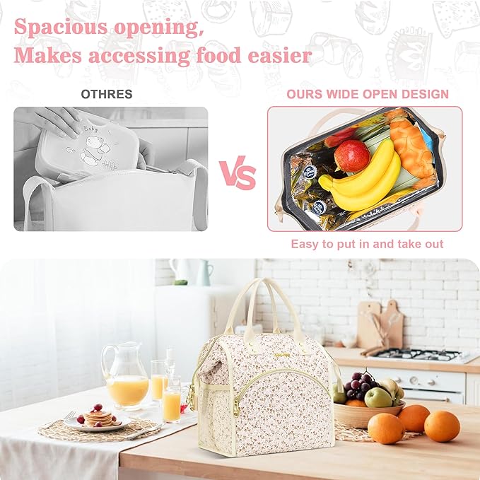 LOKASS Insulated Lunch Bag Women- Reusable 10 L Lunch Box for Women - Leakproof Tote Cooler Bag for Adults Work, Beach, Travel, Picnic （White Small Florals）