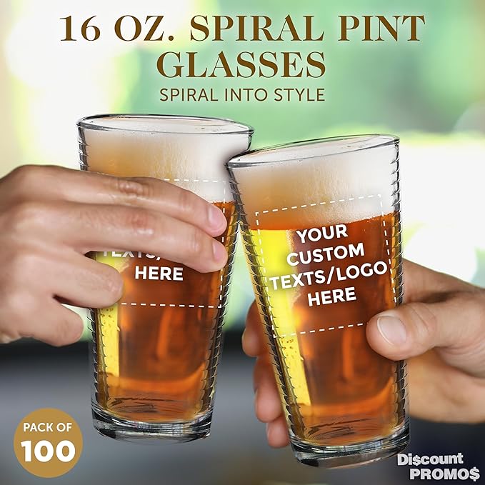 Custom Spiral Pint Glass 16 oz. Set of 100, Personalized Bulk Pack - Beer Glasses, Heavy Duty Drinkware - Clear
