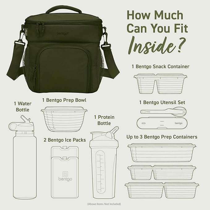 Bentgo Prep Deluxe Insulated Multimeal Bag - Lunch Box Bag, Holds 5 Meals, Premium Insulation up to 8 Hrs, Durable, Water-Resistant - Large Capacity For Adult Meal Prep (Olive Green)