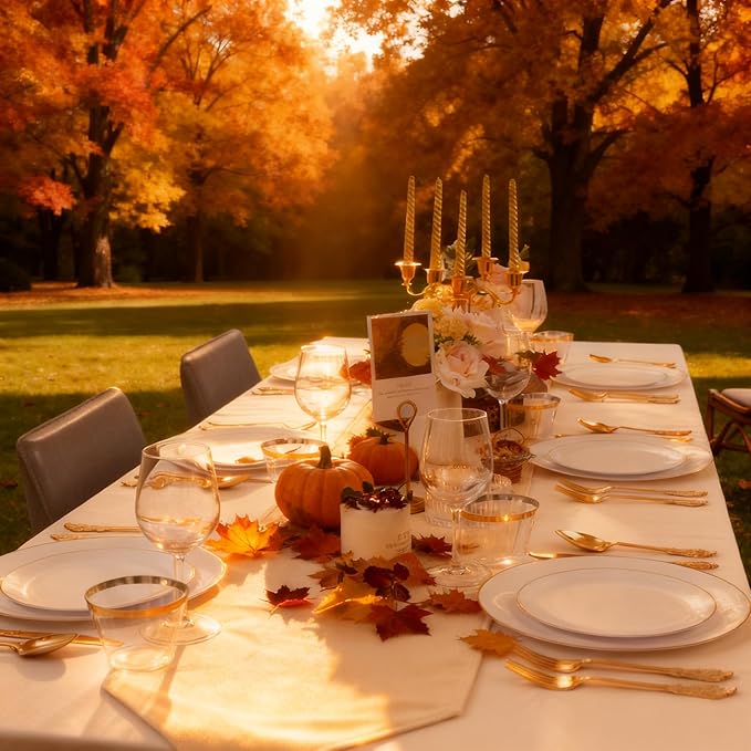 KIRE 100PCS Disposable Plates - White with Gold Rim for Thanksgiving Party/Wedding - Includes 50Pieces 10.25inch Dinner and 50Pieces 7.5inch Dessert/Salad Plates