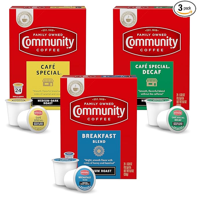 Community Coffee All Day Variety Pack with Decaf 72 Count Coffee Pods, Medium Dark Roast, Compatible with Keurig 2.0 K-Cup Brewers