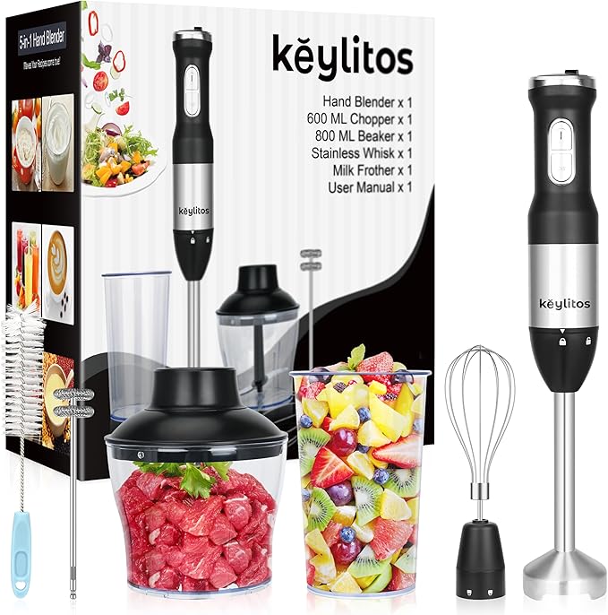 Keylitos 5 in 1 Immersion Hand Blender Mixer, [Upgraded] Handheld Stick Blender with 600ML Chopper, 800ML Beaker, Whisk and Milk Frother for Smoothie, Baby Food, Sauces Red,Puree, Soup (Black)
