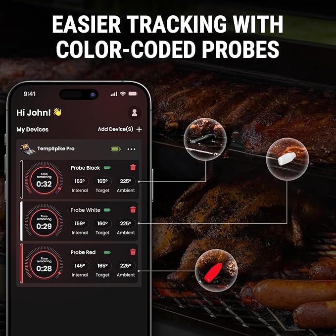 TempSpike Wireless Meat Thermometer Digital with App, WiFi & Bluetooth BBQ Grill Thermometer with High Precision, Waterproof & Heat-Resistant Probes, Rechargeable Base with Display for BBQ Smoker Oven