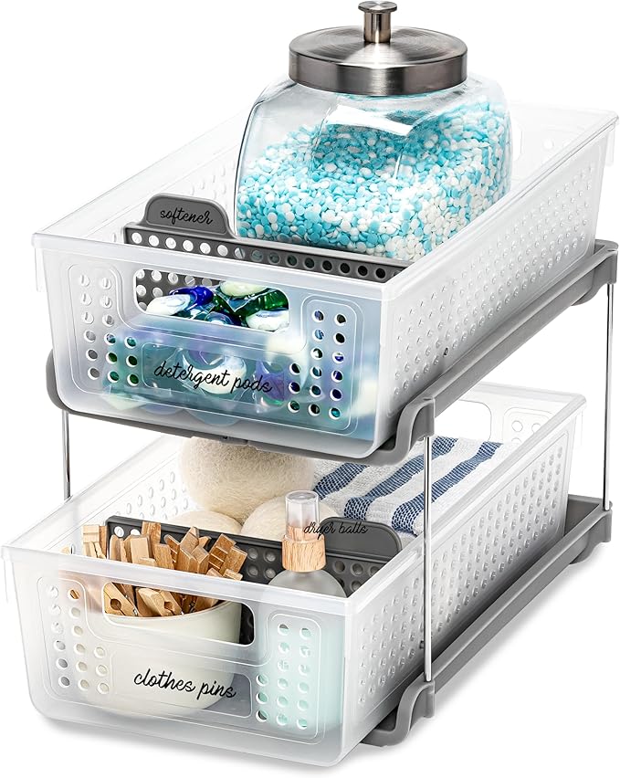 madesmart 2-Tier Organizer, Multi-Purpose Slide-Out Storage with Handles and Dividers for Home and Bath, BPA Free, Frost