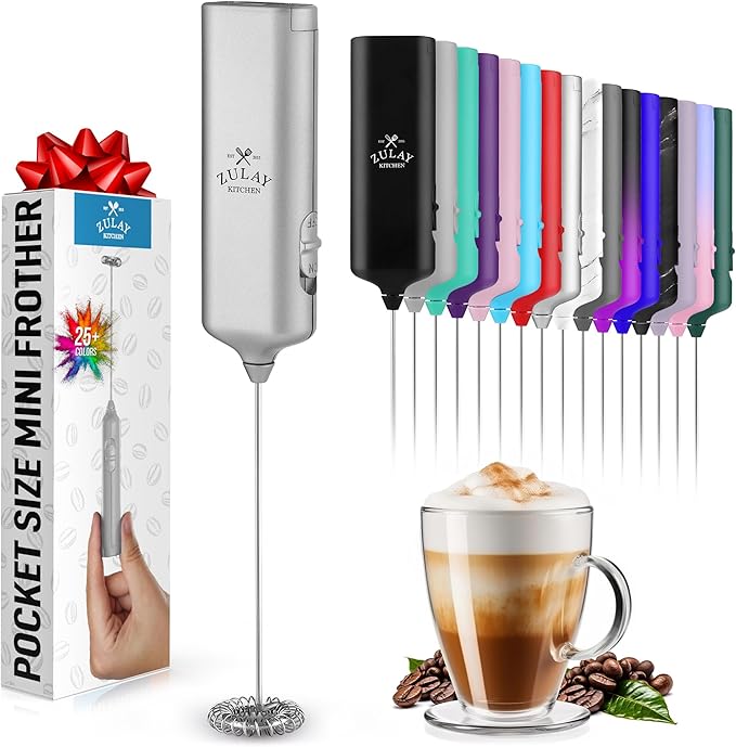 Mini & Mighty Milk Frother Wand – Powerful Handheld Coffee Frother, Battery Operated Drink Mixer – Compact Pocket Size – Detachable Whisk for Latte, Cappuccino, Matcha, Hot Chocolate – Silver
