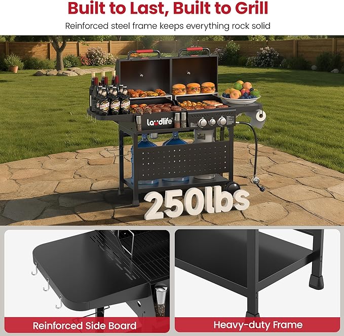 Charcoal Gas Grill Combo with Side Burner, 30,000 BTU Propane BBQ Grill, 748 SQ.IN Cooking Space, Non-Stick Porcelain Enamel Grates, Heavy-Duty Stand for Backyard Outdoor Barbecue