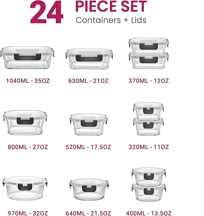 FineDine 24 Piece Premium Borosilicate Glass Meal Prep Containers Glass - Airtight Food Storage Containers with Lids, Hinged Locking Lid, BPA Free, For Meal Prep/Freezer/Oven