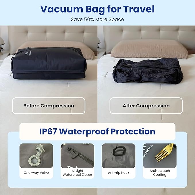 Vacuum Bags for Travel, IP67 Reusable Vacuum Seal Bags for Clothing with Electric Pump, Vacuum Seal Packing cube for Suitcases, Backpack & Travel (1PC+Pump)