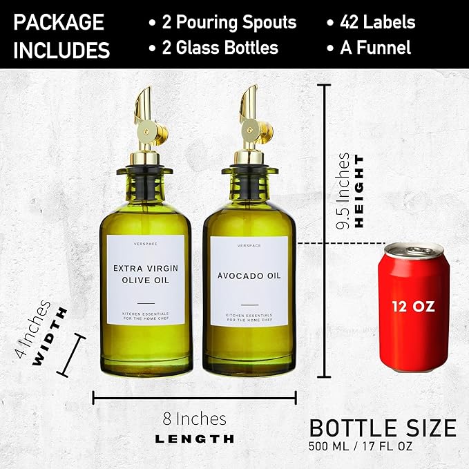 Green Glass Olive Oil Dispenser Bottle For Kitchen, Avocado Oil Dispenser Set, Modern Decor, Gold Kitchen Accessories for Home, Airbnb, Cafe (Gold, Set of 2)