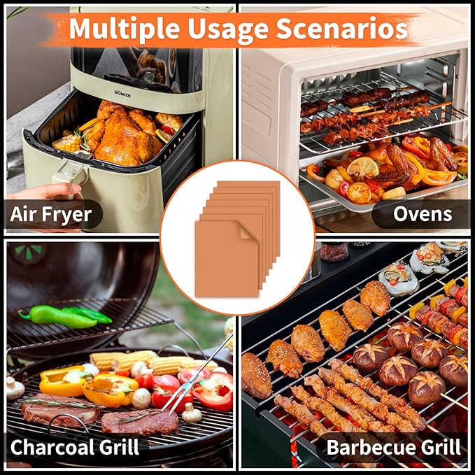 WIBIMEN Grill Mats for Outdoor Grill, Copper 7pcs Grill Mat, 100% Non-Stick PFOA Free 15.75 x 13, Heavy Duty, Reusable and Easy to Clean - Gas Charcoal & Electric BBQ
