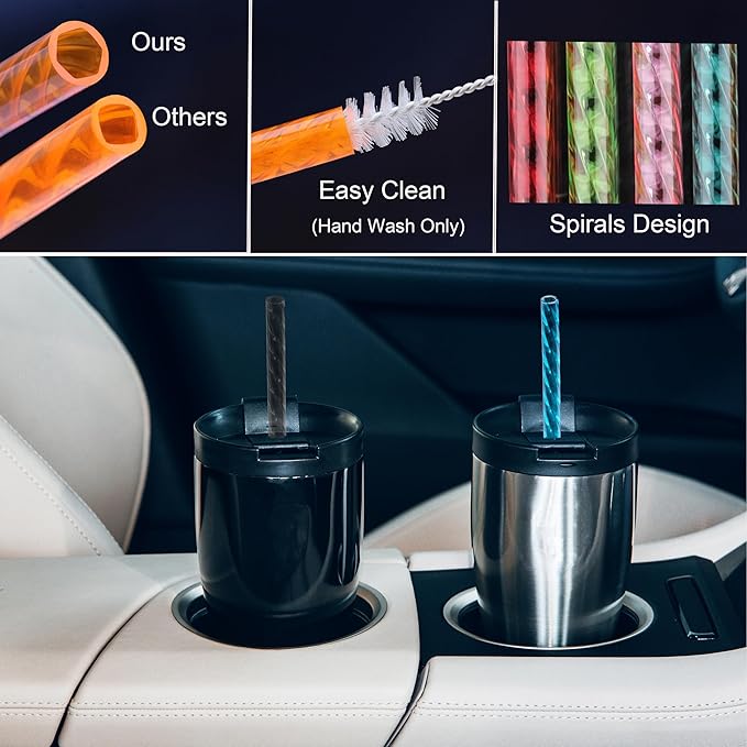 Dakoufish 12 Inch Reusable Clear Plastic Swirl Drinking Straws for Stanley 30 oz & 40 oz Jars/Tumblers,Set of 12 Pcs Replacement Straws with Cleaning Brush (12inch,12color)