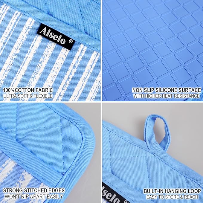 Silicone Pot Holders Set of 3 Heat Resistant & Non Slip Potholders, Professional Oven Hot Pads with Pockets Mitts for Kitchen Cooking Baking Barbecue (3, Blue)