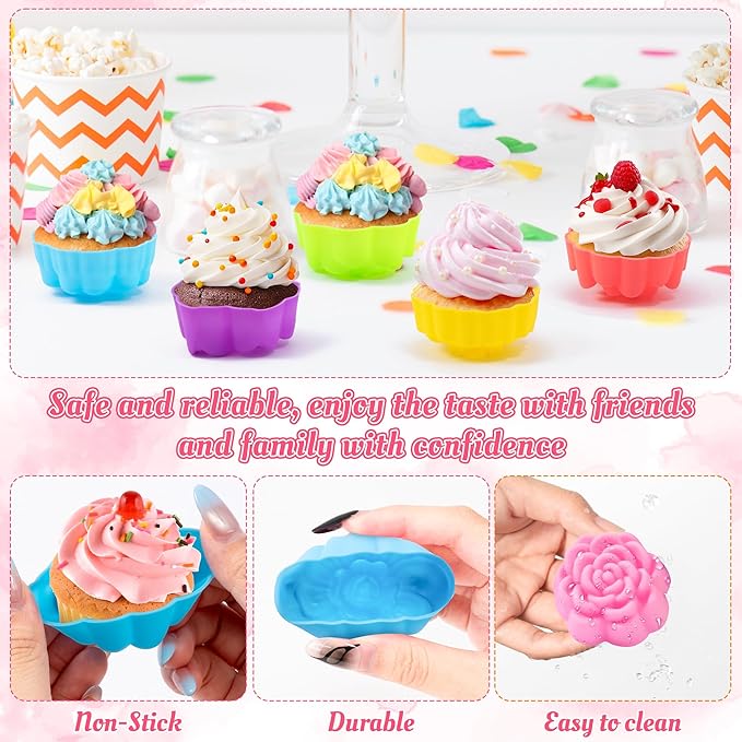 R HORSE Mini Silicone Cupcake Molds - 42Pcs 2 Inch Muti-color Flower-shaped Baking Cups, Reusable Non-Stick Muffin Baking Cups Cupcake Wrappers for Pudding Dessert Donut Oven Dishwasher Microwave Safe